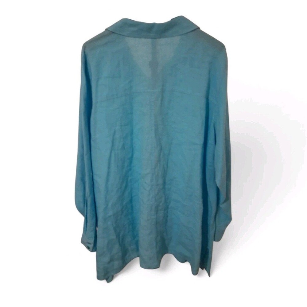 Eileen Fisher Teal Button-Down Linen Shirt - Picture 2 of 8